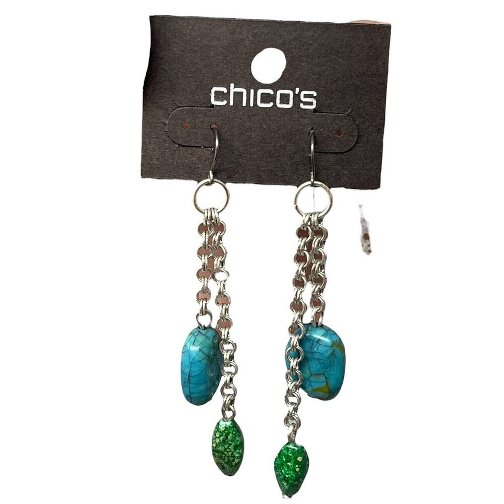 Chico’s Silver Chain Drop Earrings with Turquoise & Green Beads NWT